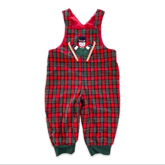 Red & Green Plaid One Piece Romper w/Appliquéd Snowman Top Buttons Bottom Snaps - Picture 1 of 3